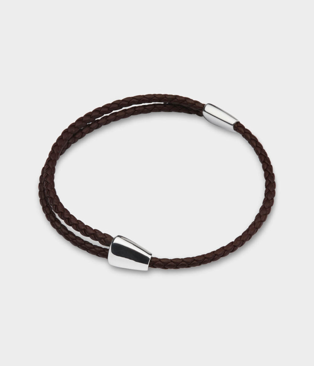 Adjustable Woven Leather Bracelet / Sterling Silver / Brown Woven Leather Cord