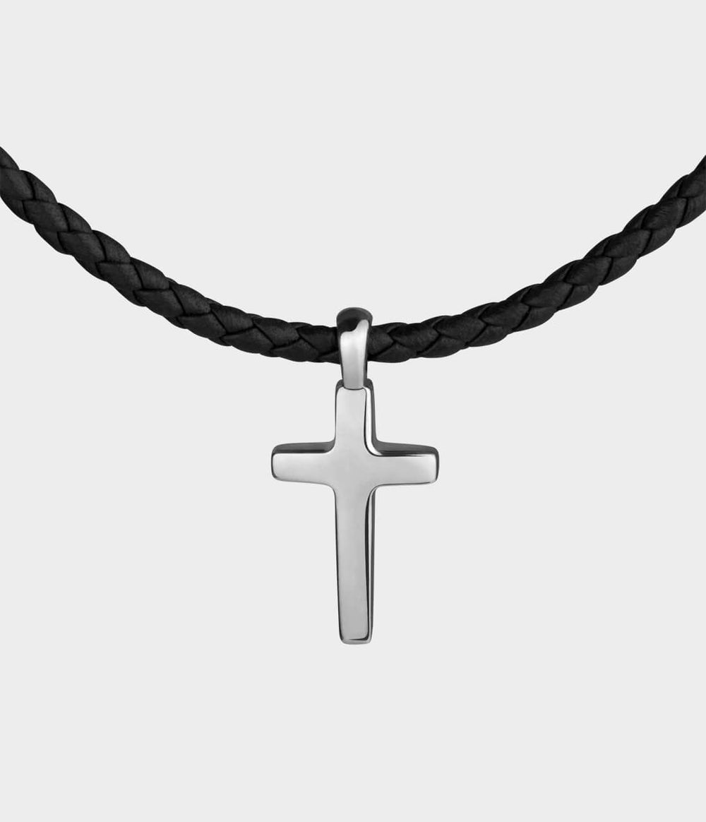 Cross Leather Necklace / Silver / Black Woven Leather