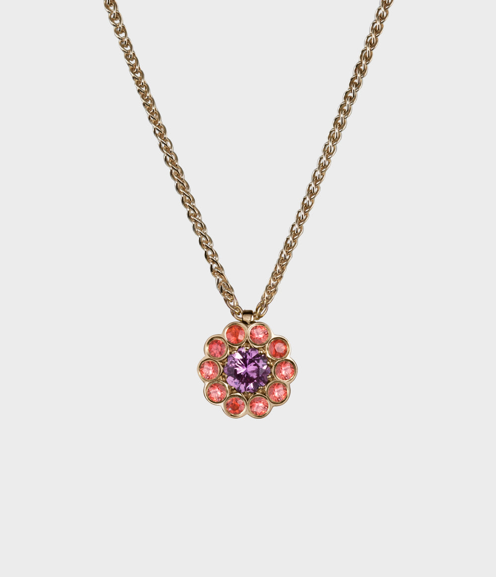 Daisy Cluster Necklace in 18ct Yellow Gold with Pink and Orange Sapphires