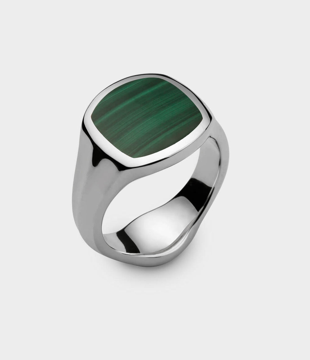 Inlaid Signet Ring in Silver with Malachite, Size S