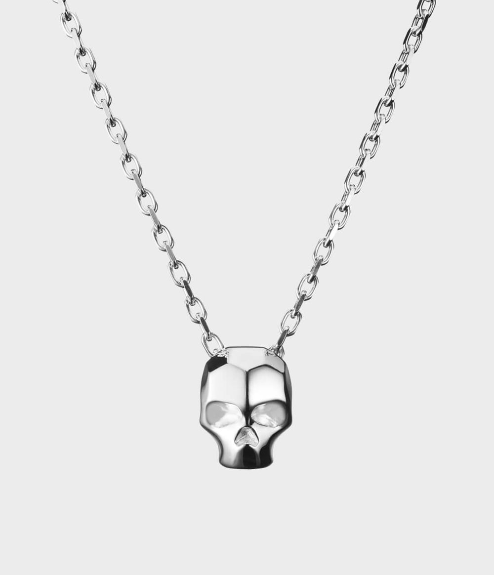 Large Carved Skull Necklace / Sterling Silver / No Stones