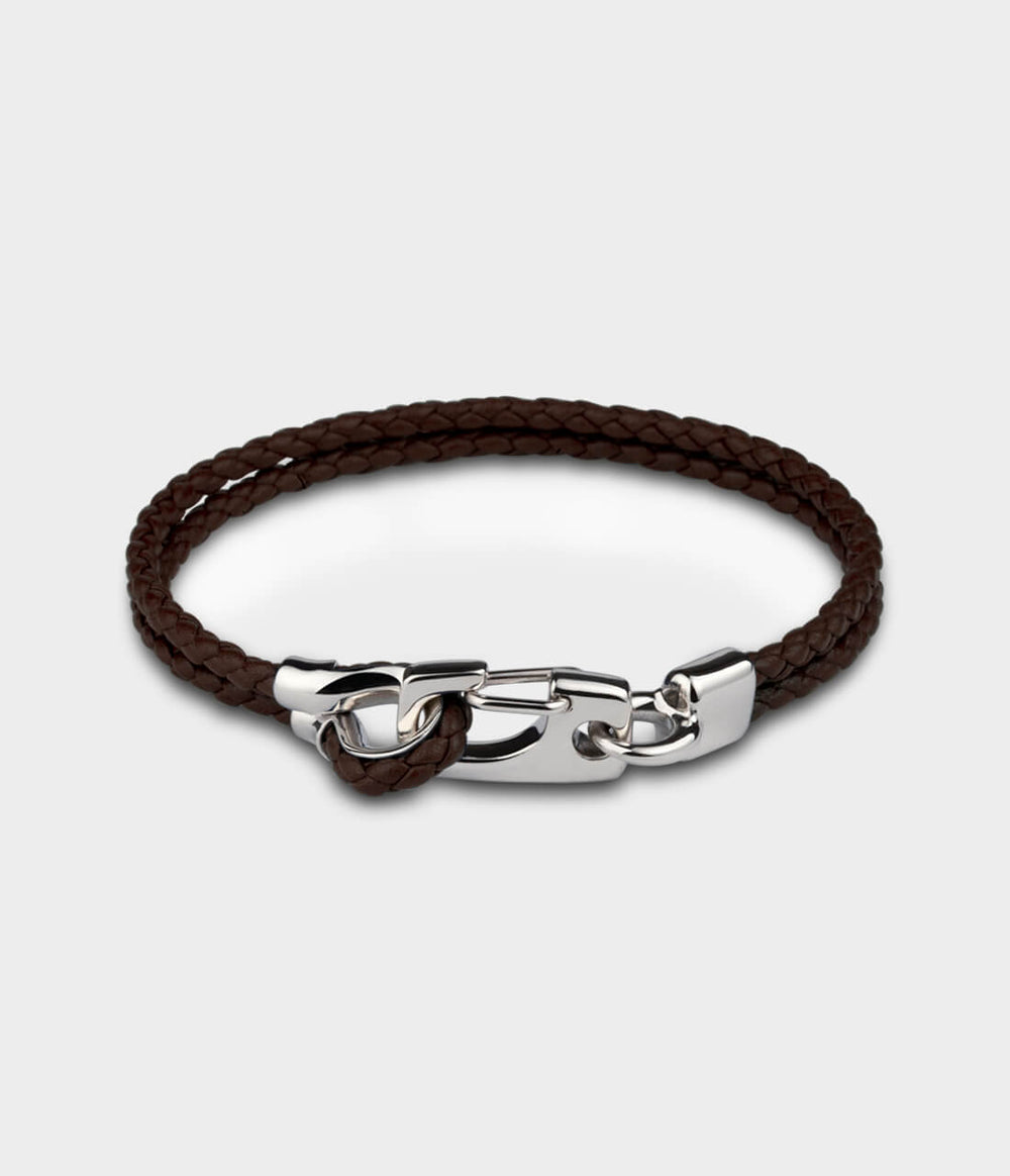 Leather Snap Twist Bracelet / Sterling Silver / Round Brown Woven Leather