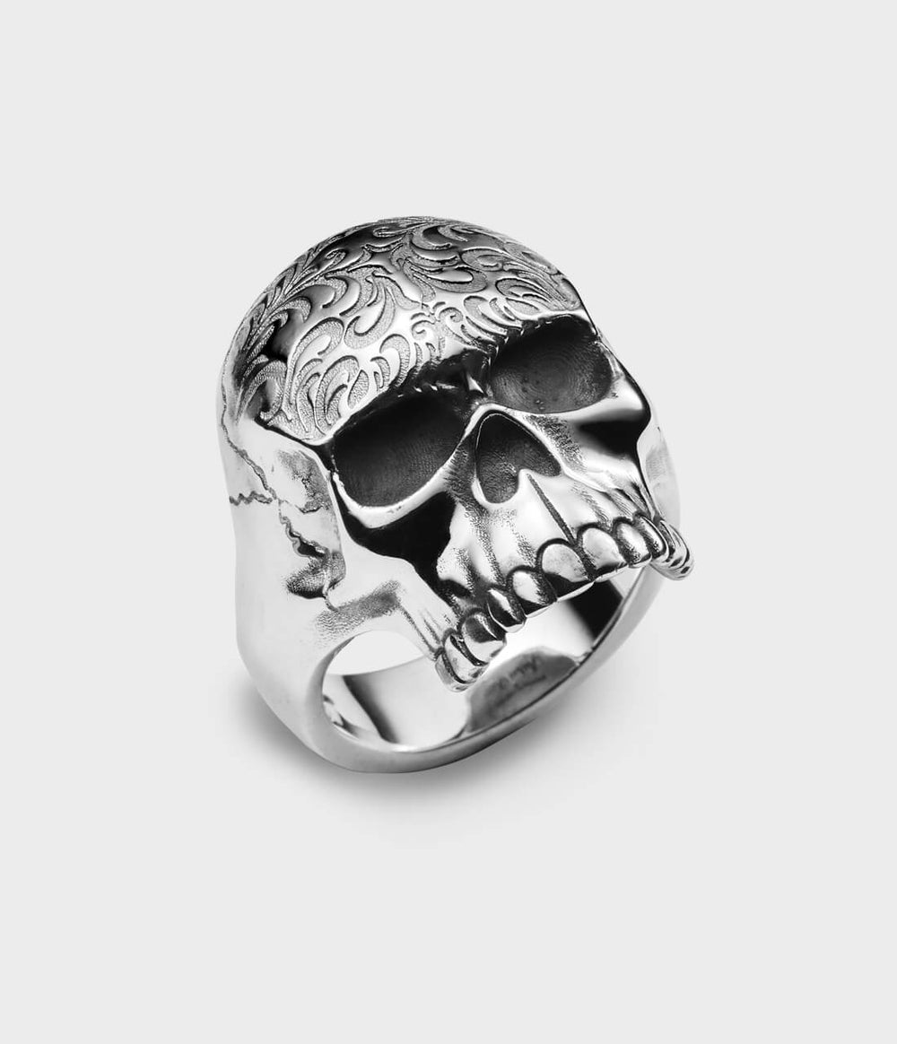 Skull Tattoo Ring in Silver, Size T