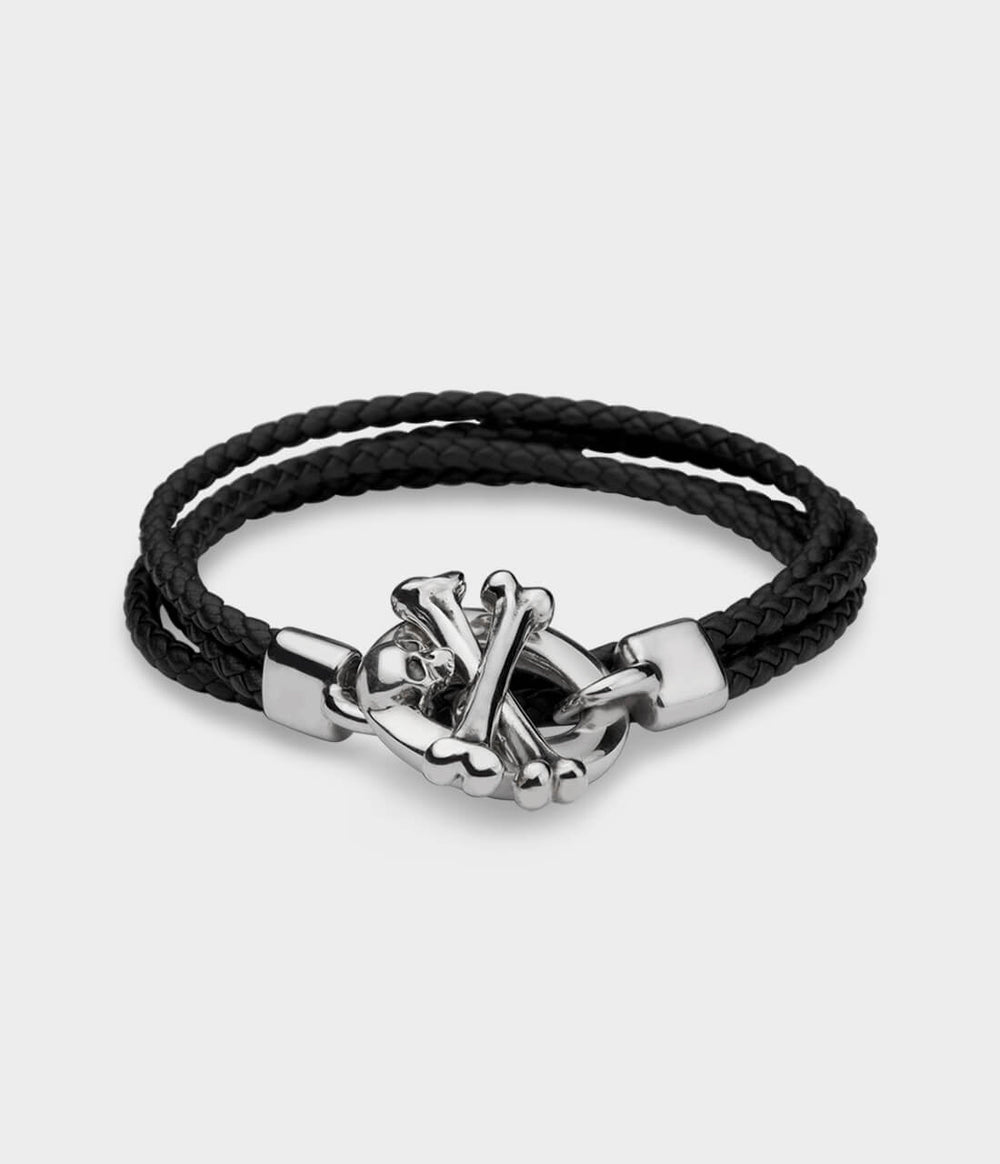 Skull & Crossbones Leather Bracelet / Sterling Silver / Black Woven Leather / No Stones